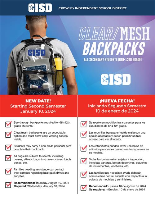 Clear/Mesh Backpacks for secondary students